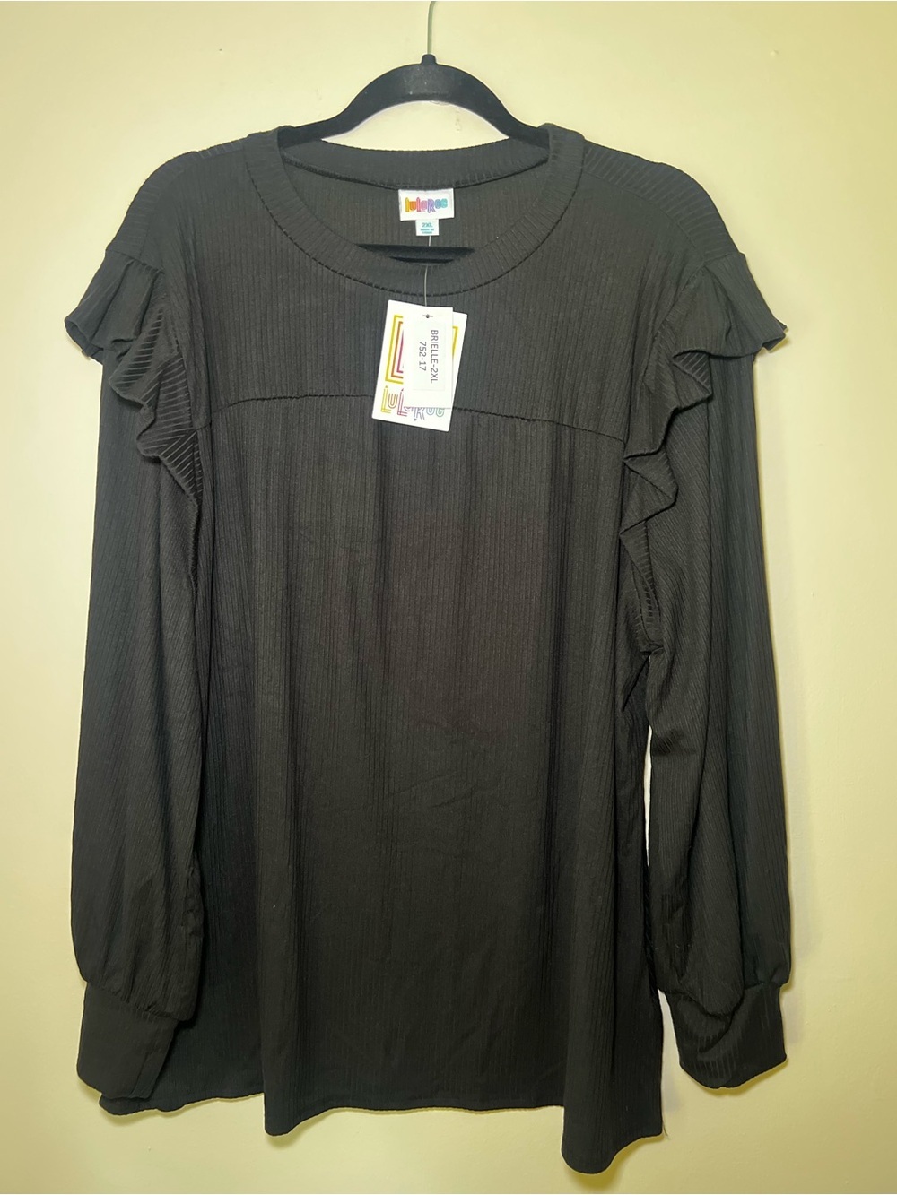 LuLaRoe Ribbed Black Long Sleeve Ruffle Detail Top